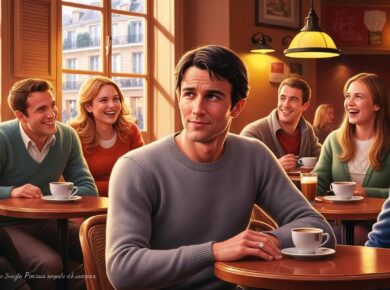 homme célibataire français 26 ans, dans un café chaleureux, qui oberve des couples heureux